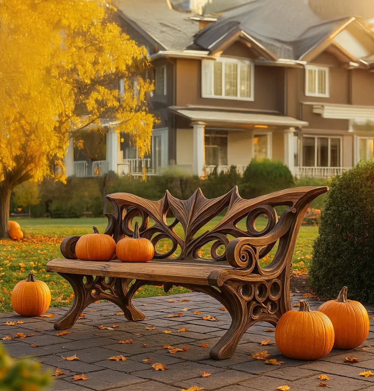 Carved wooden bench with pumpkins on and around it in a fall garden with yellow tree and house