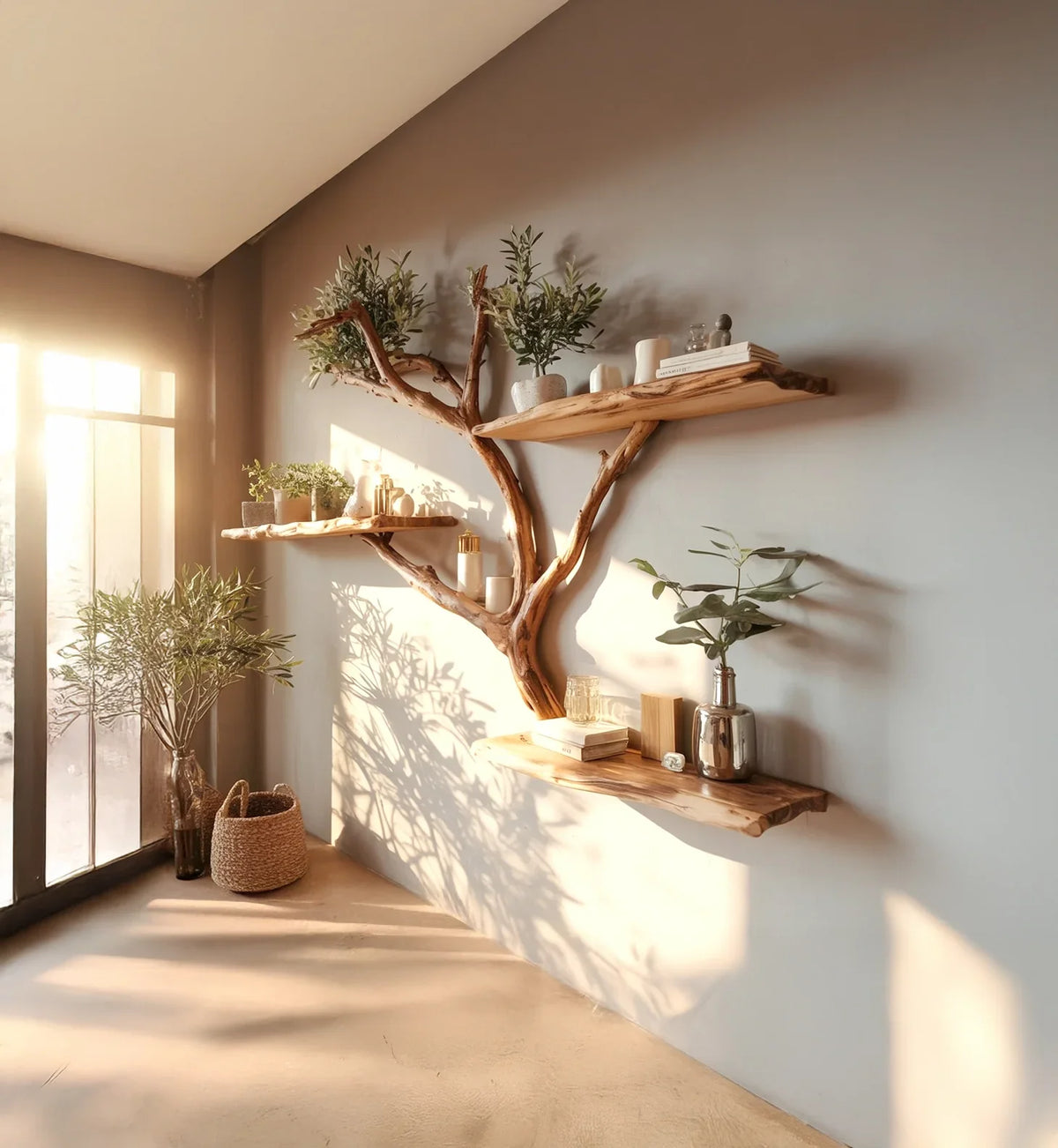 Sunlit modern wall shelves with plants and decor, featuring natural wood branches and minimalist design