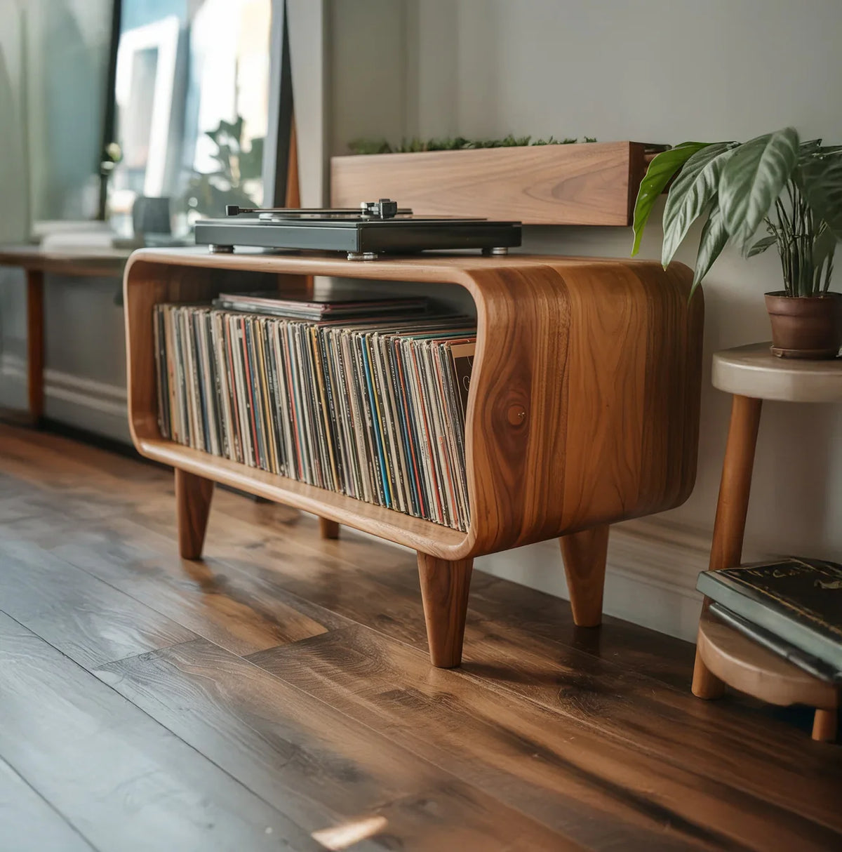 Mid-century modern solid wood record console with vinyl storage and turntable, in sunlit room