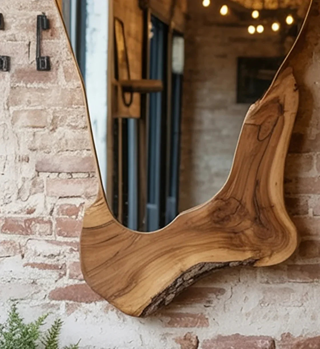 Live edge wood mirror with natural grain on rustic brick wall, modern home decor