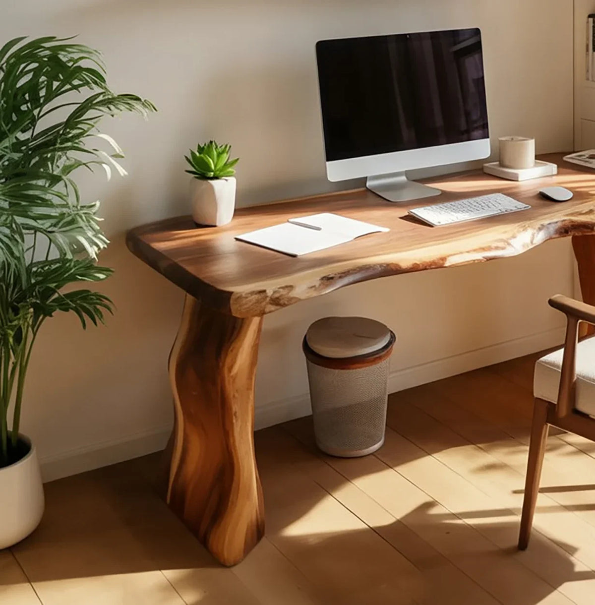 Live edge solid wood desk in modern home office with computer, chair and potted plant.