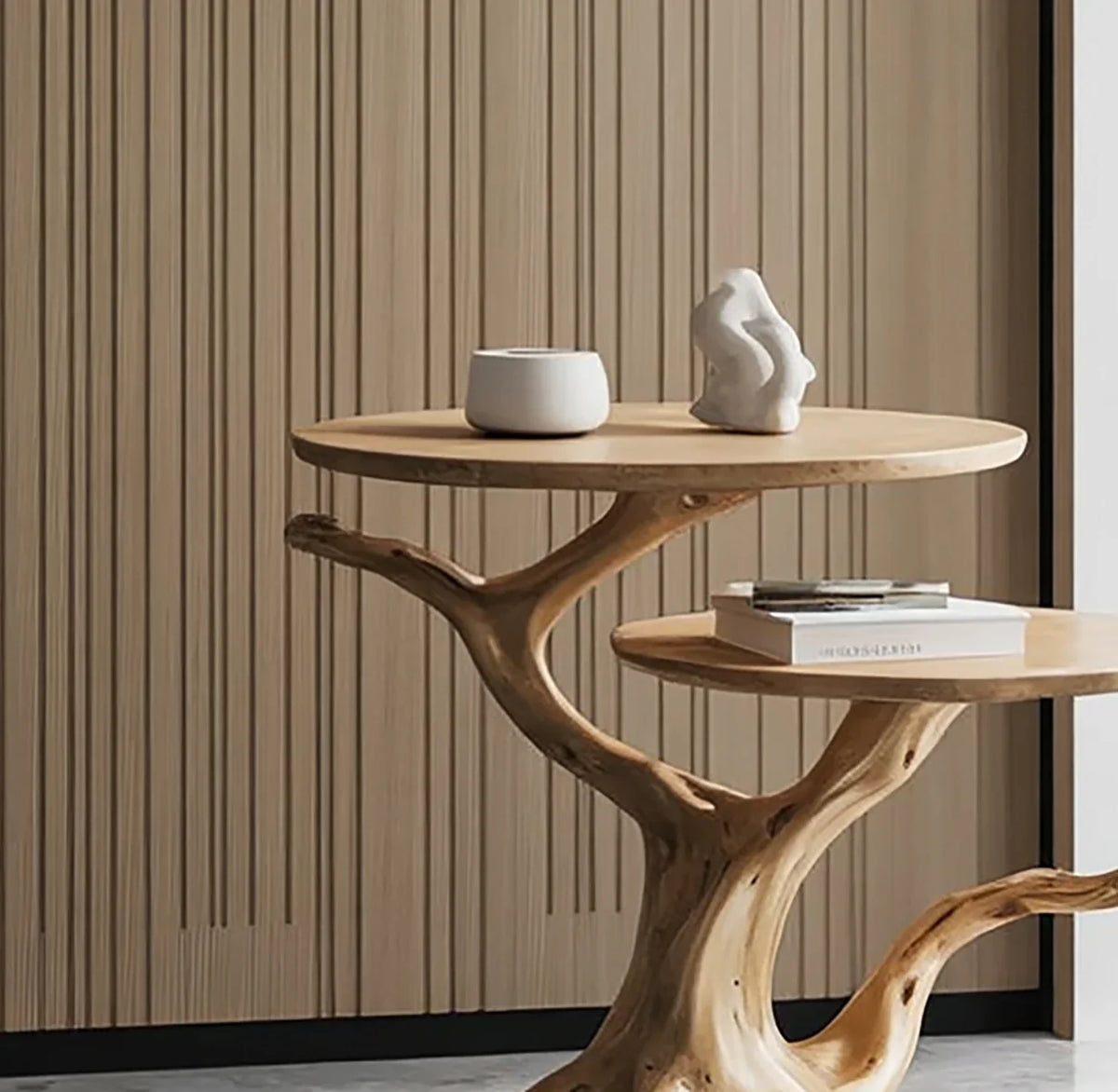Live edge solid wood side table with tree branch base, minimalist decor, modern interior