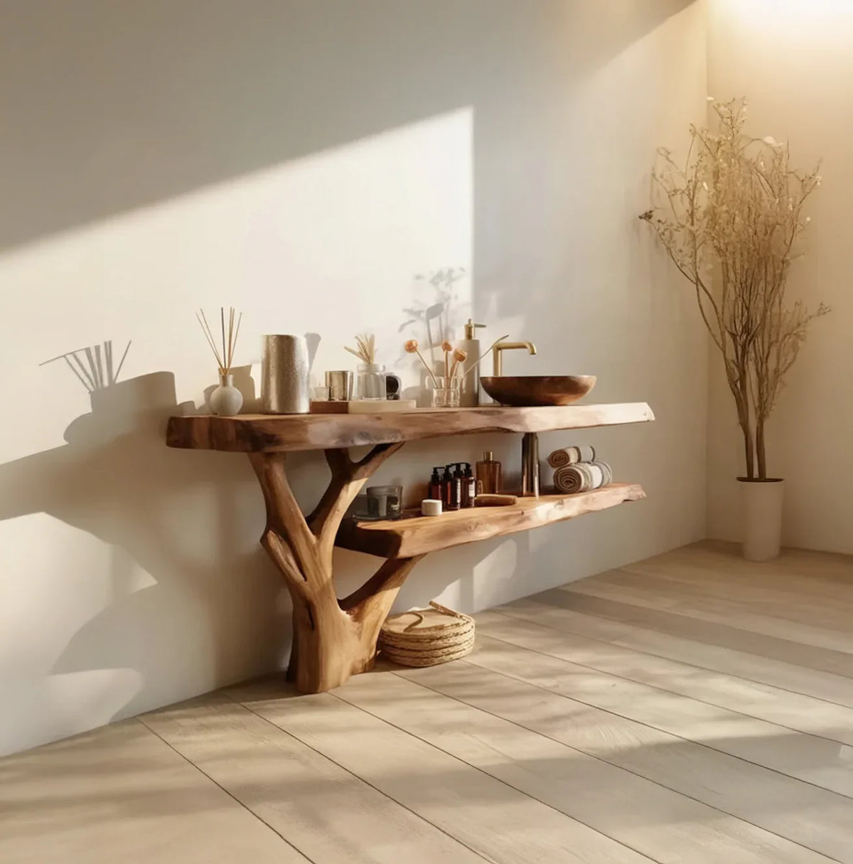 Live edge wood bathroom vanity with tree branch design, vessel sink, and natural decor in sunlight.