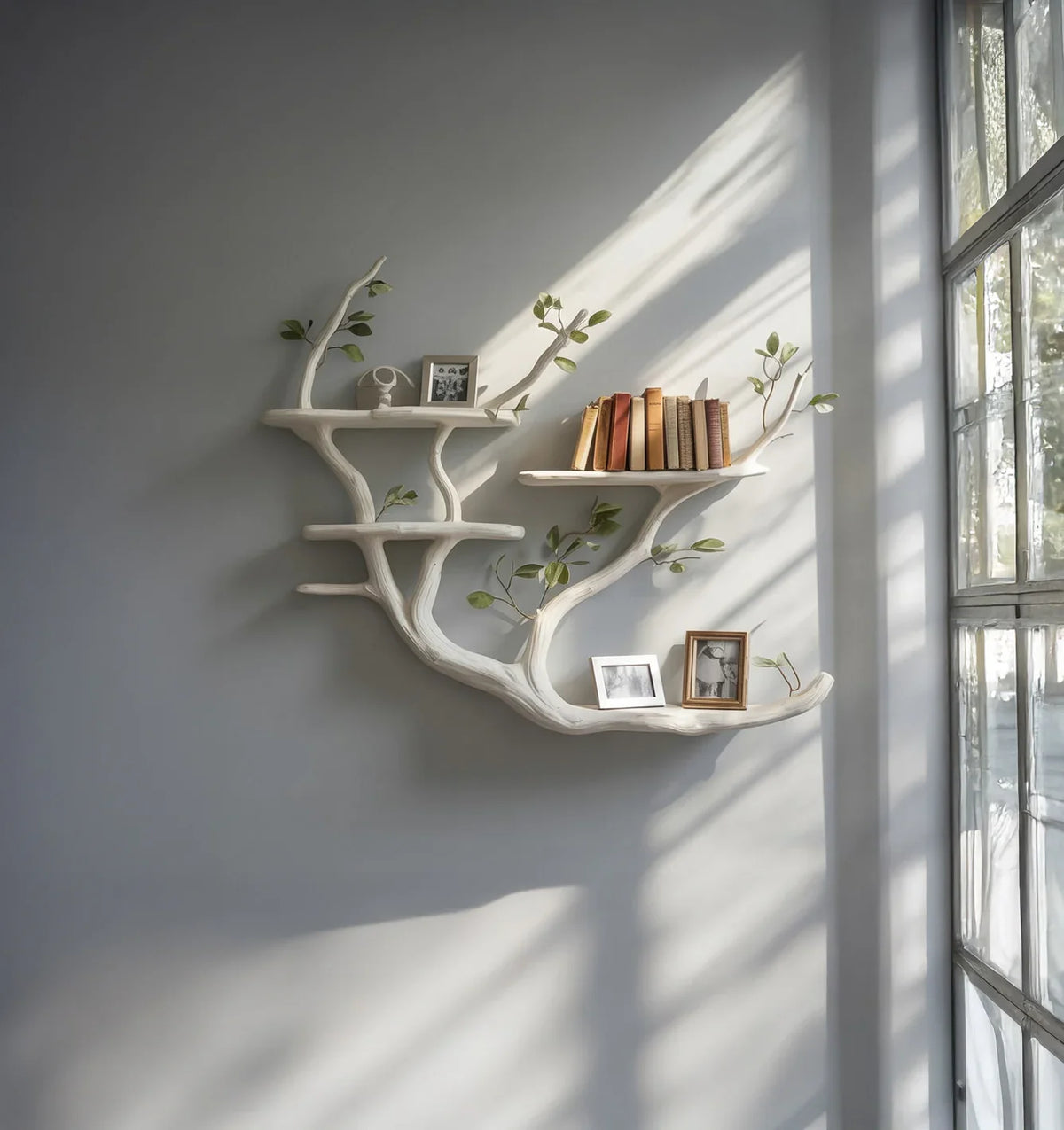 Live edge tree bookshelf with books, plants, and photo frames on a gray wall in sunlight.
