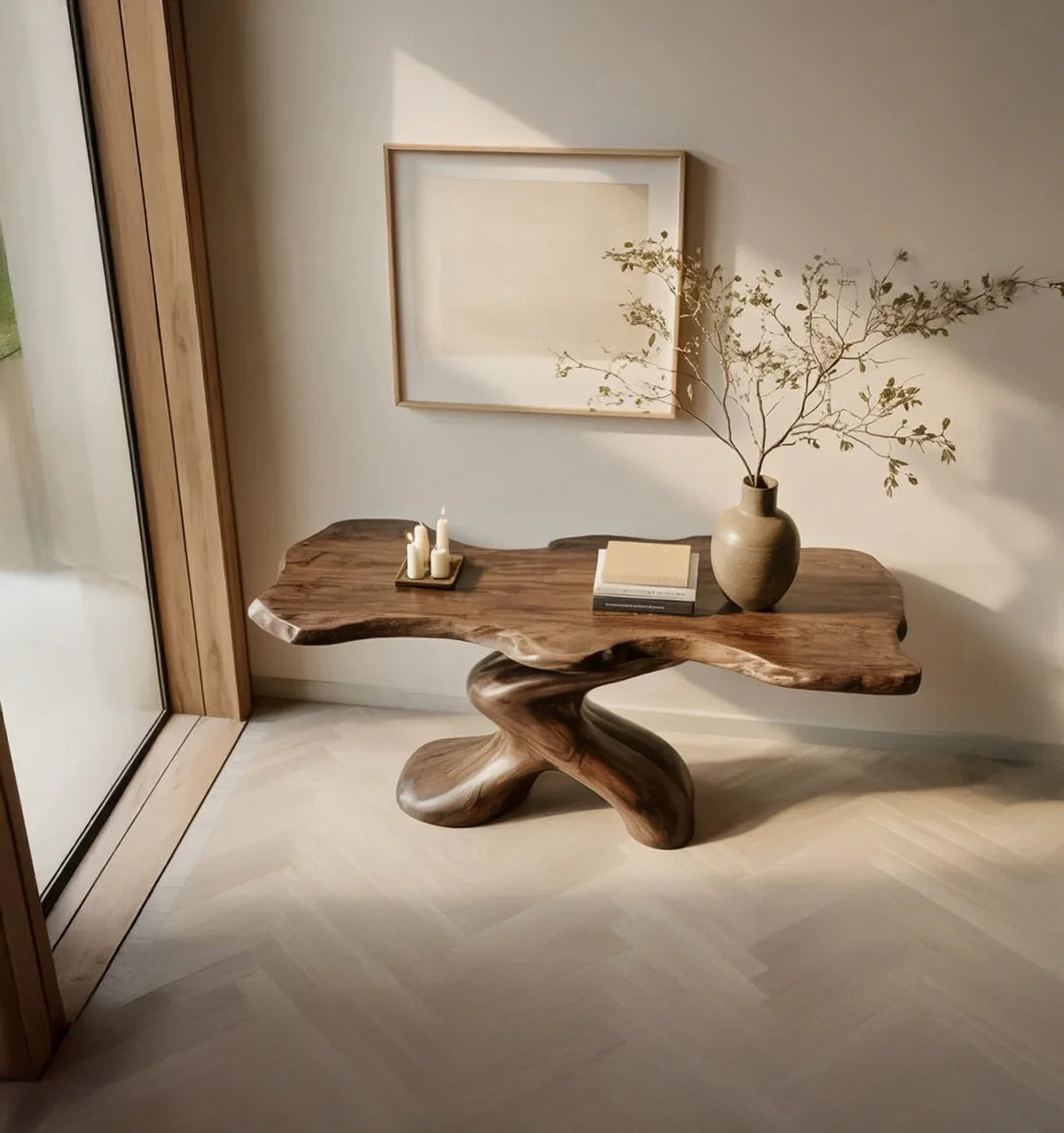 Live edge solid wood console table with sculpted base in a modern minimalist living room