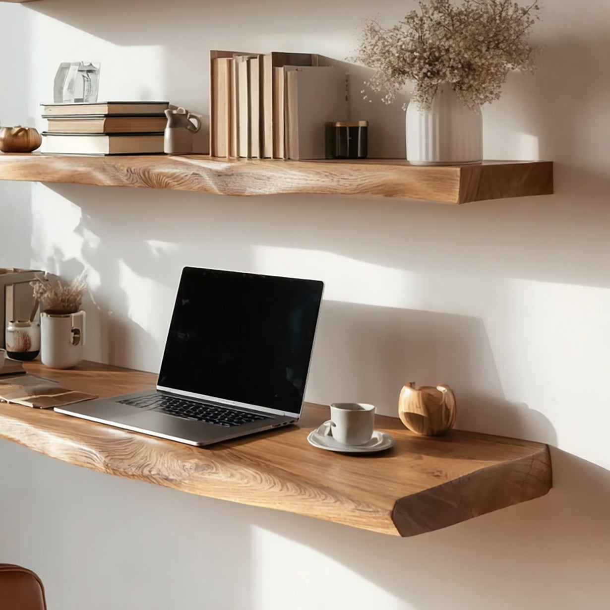 Minimalist home workspace with wooden floating shelves, laptop, books, vase, and coffee cup