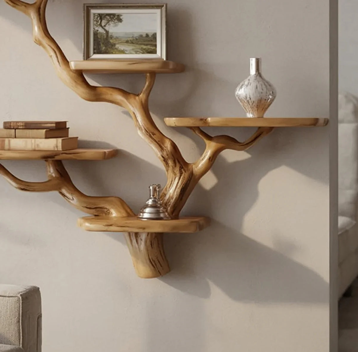 Live edge wood tree bookshelf mounted on wall with books, decor, and natural branch design