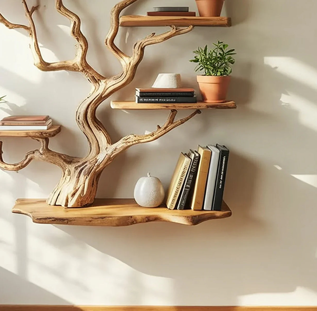 Live edge wooden bookshelf shaped like a tree, decorated with potted plants and books.