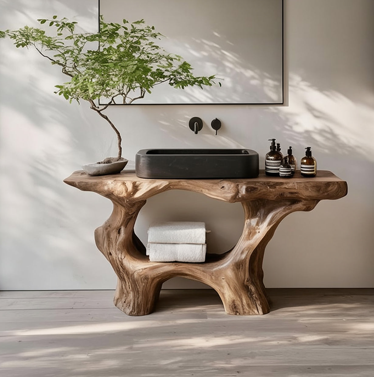 Live edge solid wood bathroom vanity with sculpted base, black basin sink, and modern decor