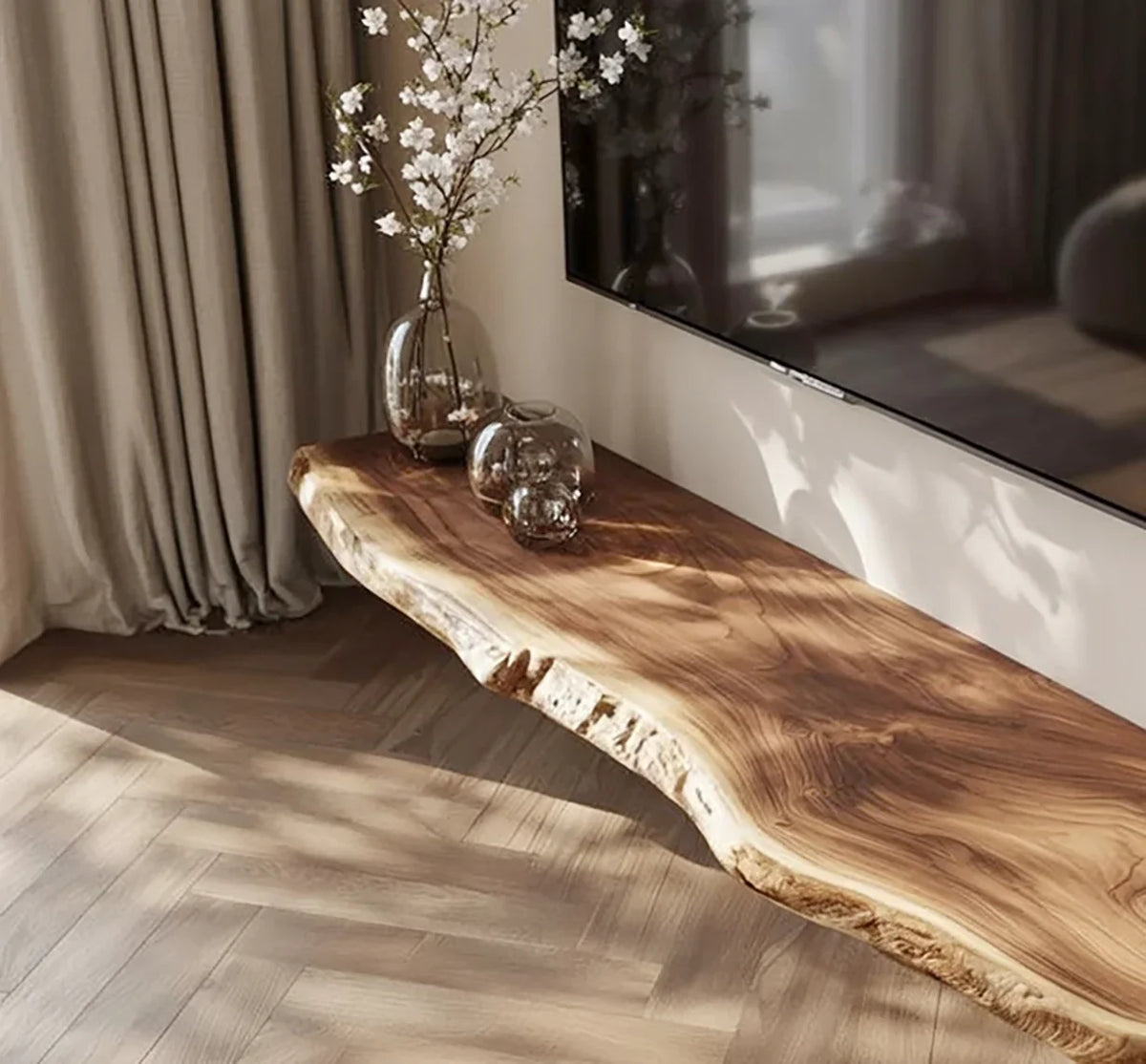 Live edge solid wood console table with natural finish, glass vases, modern living room