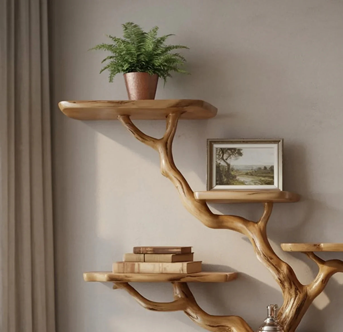 Solid wood tree bookshelf with live edge shelves, potted plant, books, and framed art