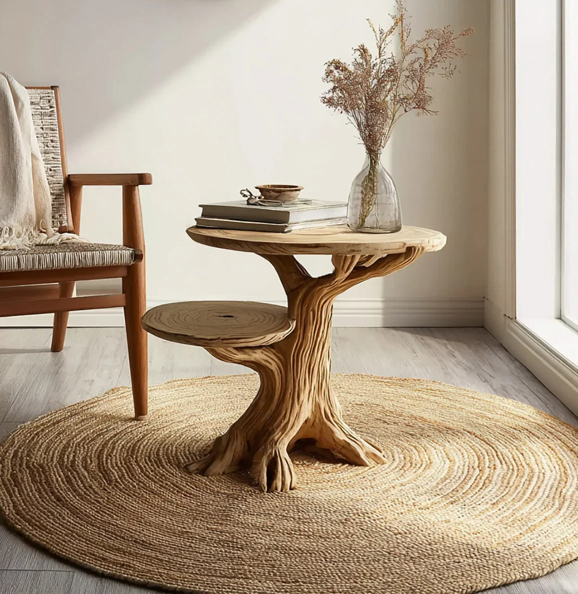 Solid wood live edge side table with tree-like design, styled with books and vase on round rug