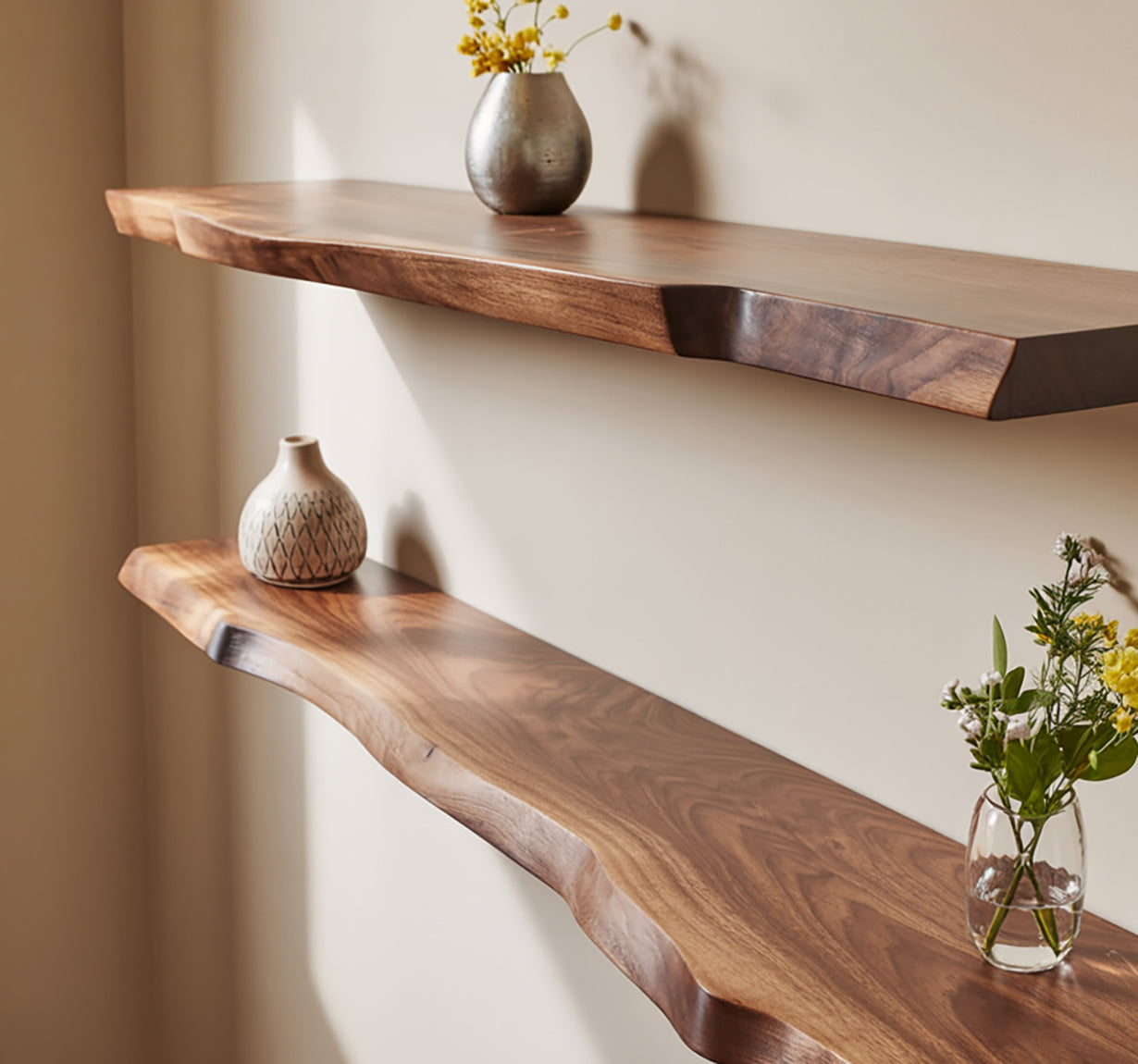 Live edge solid wood floating shelves with vases and flowers against a neutral wall