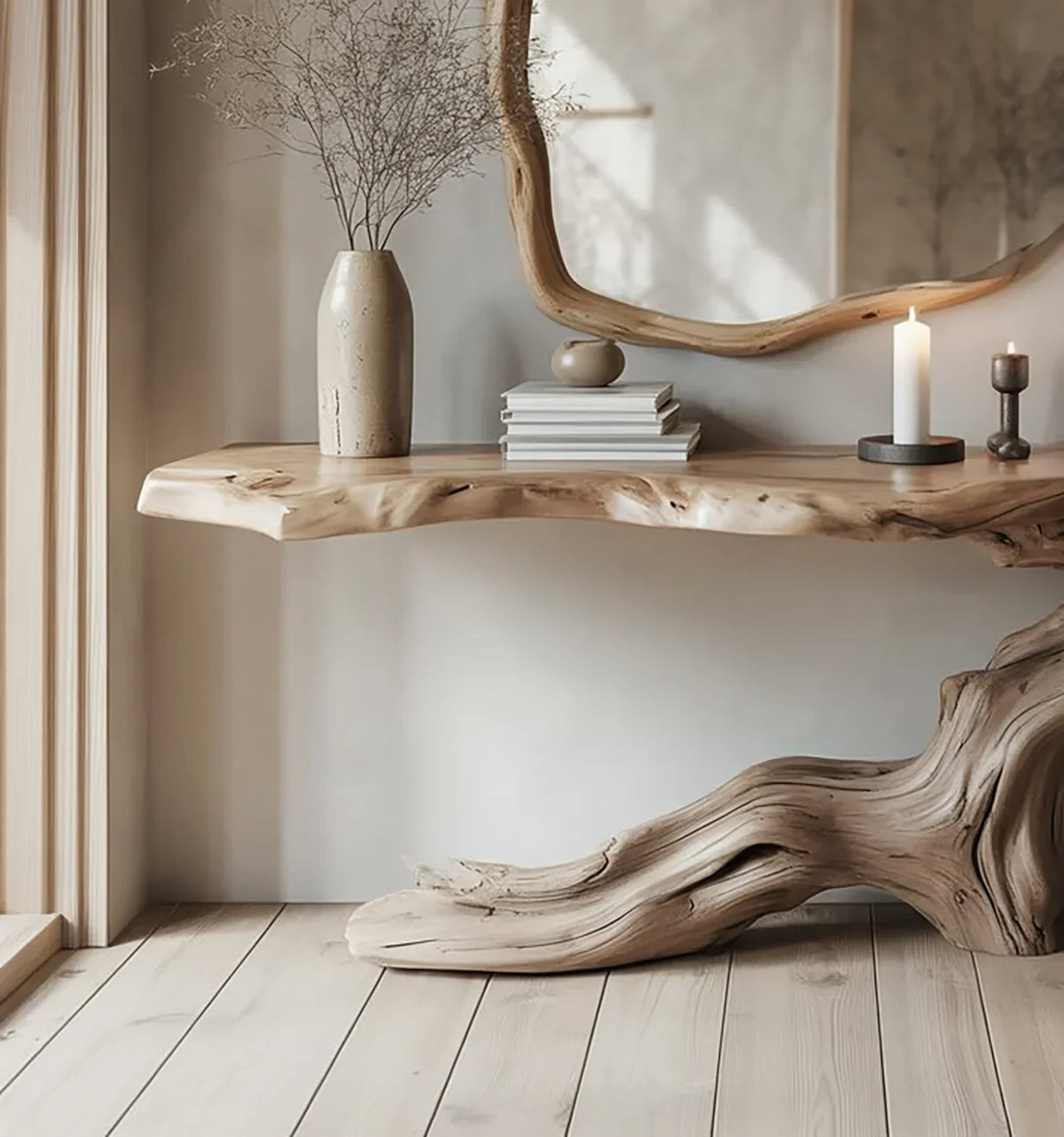 Natural wood console table with decorative vase, stacked books, candles, and organic wooden mirror