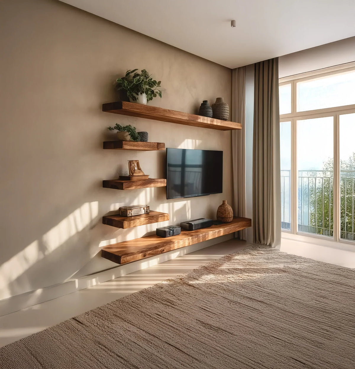 Modern living room with solid wood floating shelves, TV, decor and large window