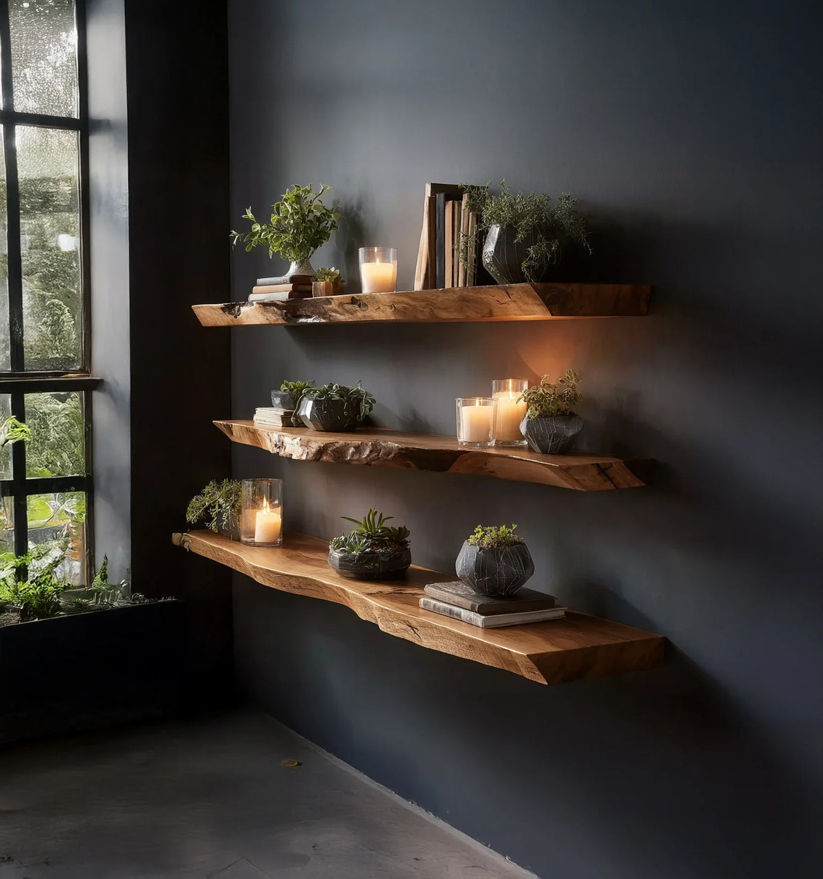 Three floating wood shelves on dark wall with candles, plants, and books near window