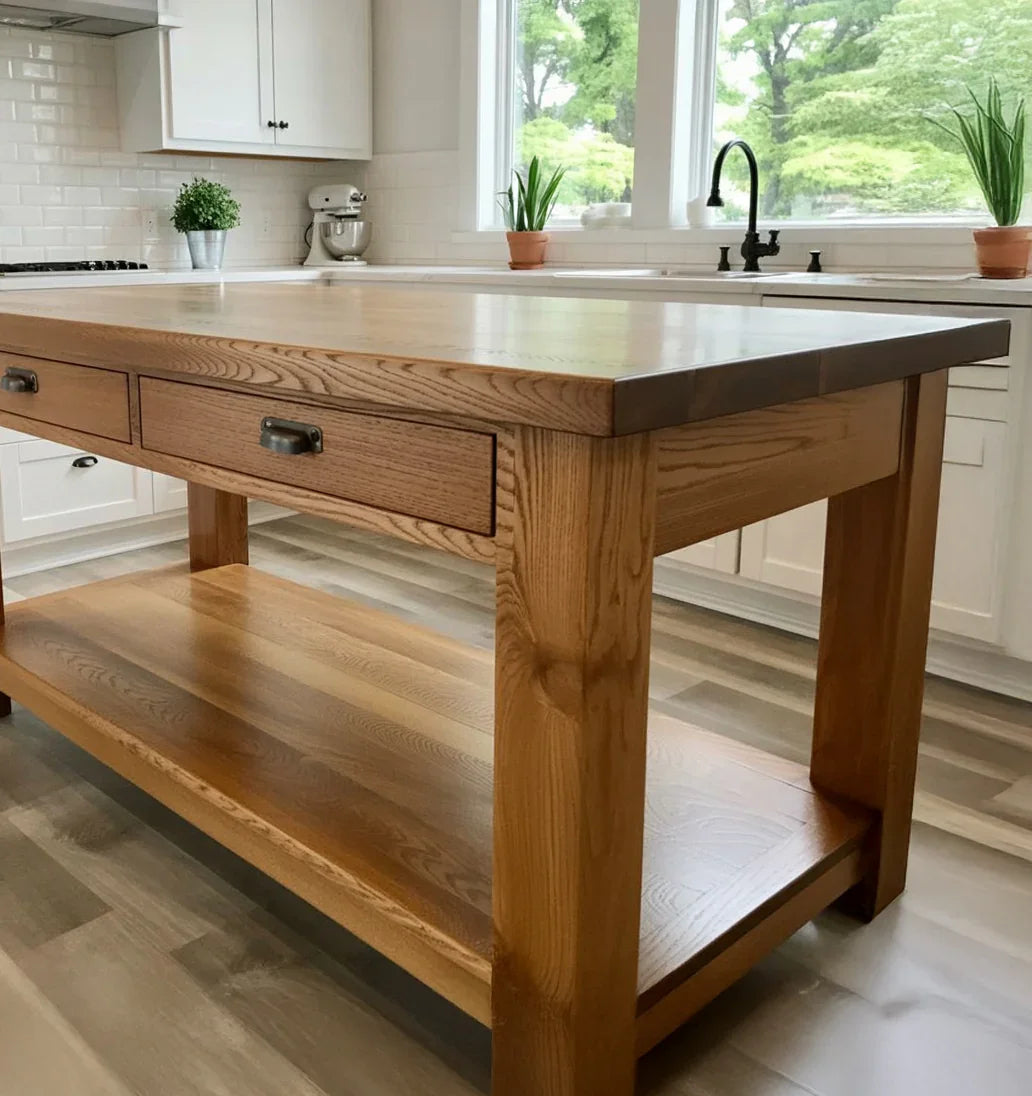 Solid wood kitchen island with drawers and lower shelf in bright modern kitchen