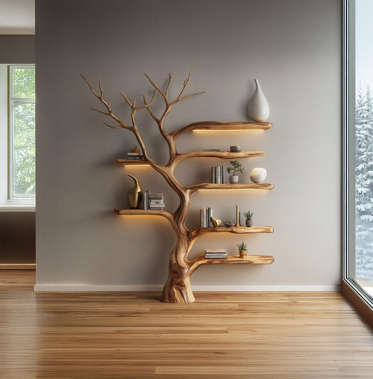 Solid wood tree bookshelf with live edge shelves, holding books and decor in modern living room
