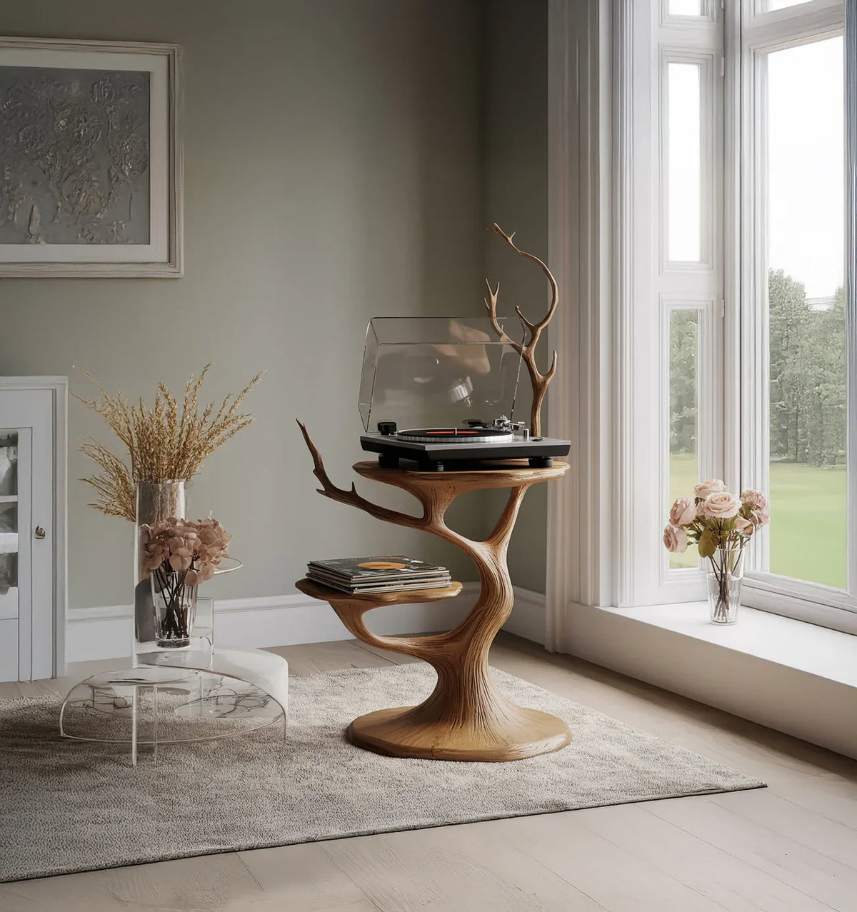 Sculptural solid wood tree bookshelf with record player and vinyl storage in modern living room