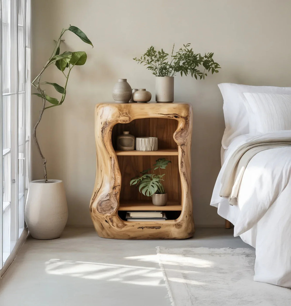 Live edge solid wood bedside table with natural finish, styled with plants and ceramic decor in a modern bedroom