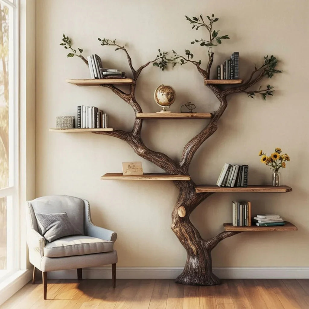 Tree-shaped wooden bookshelf with books, globe, and sunflowers next to beige armchair in cozy room