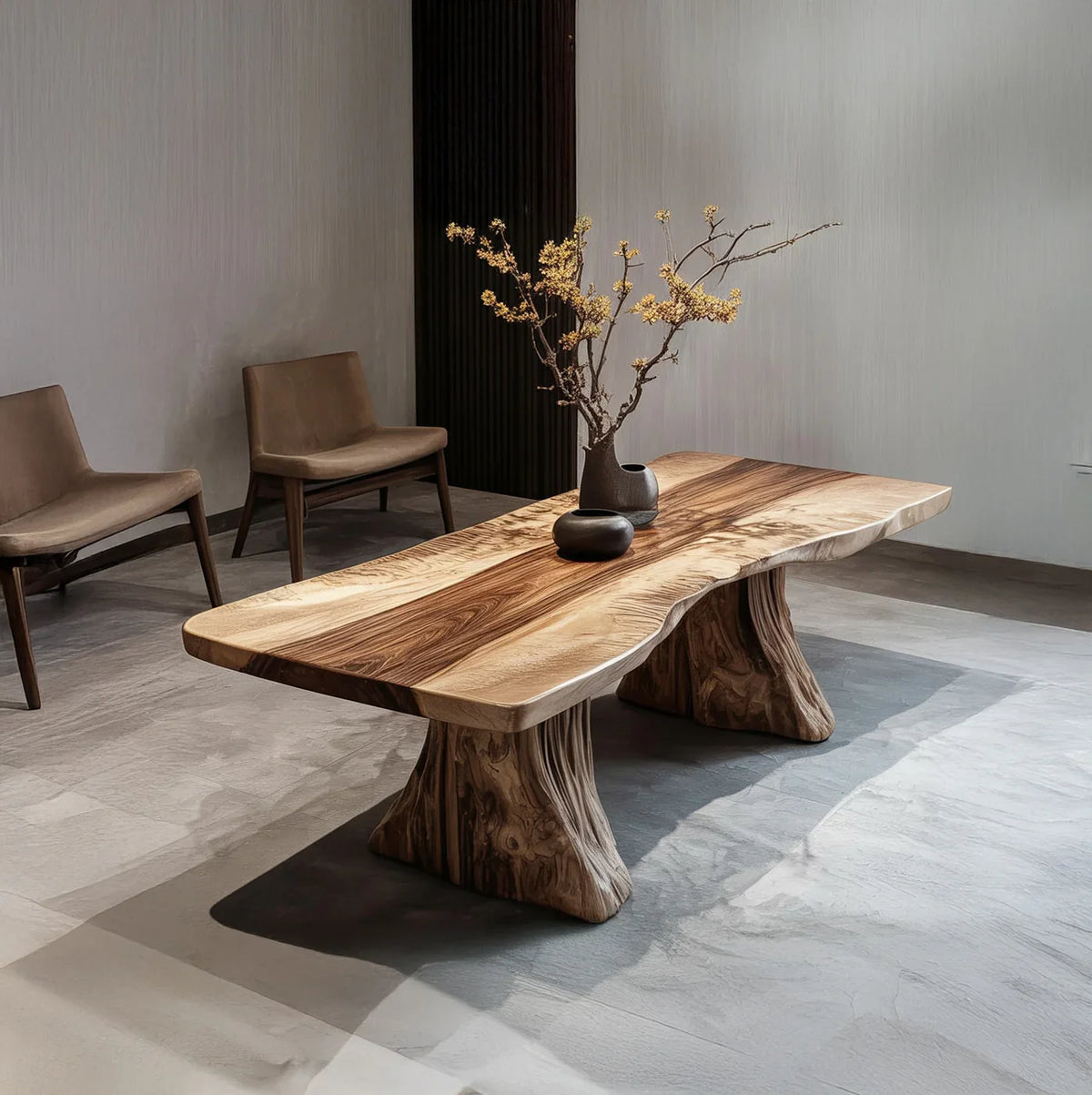 Modern living room with natural wood coffee table and brown chairs on gray floor