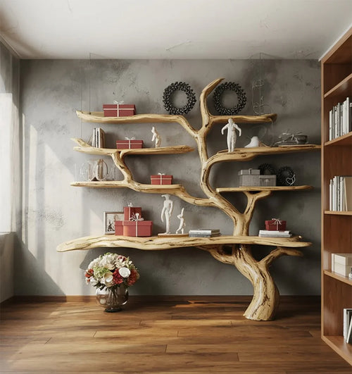 Handcrafted Tree Bookshelf – Rustic Live Edge Wooden Wall Bookcase