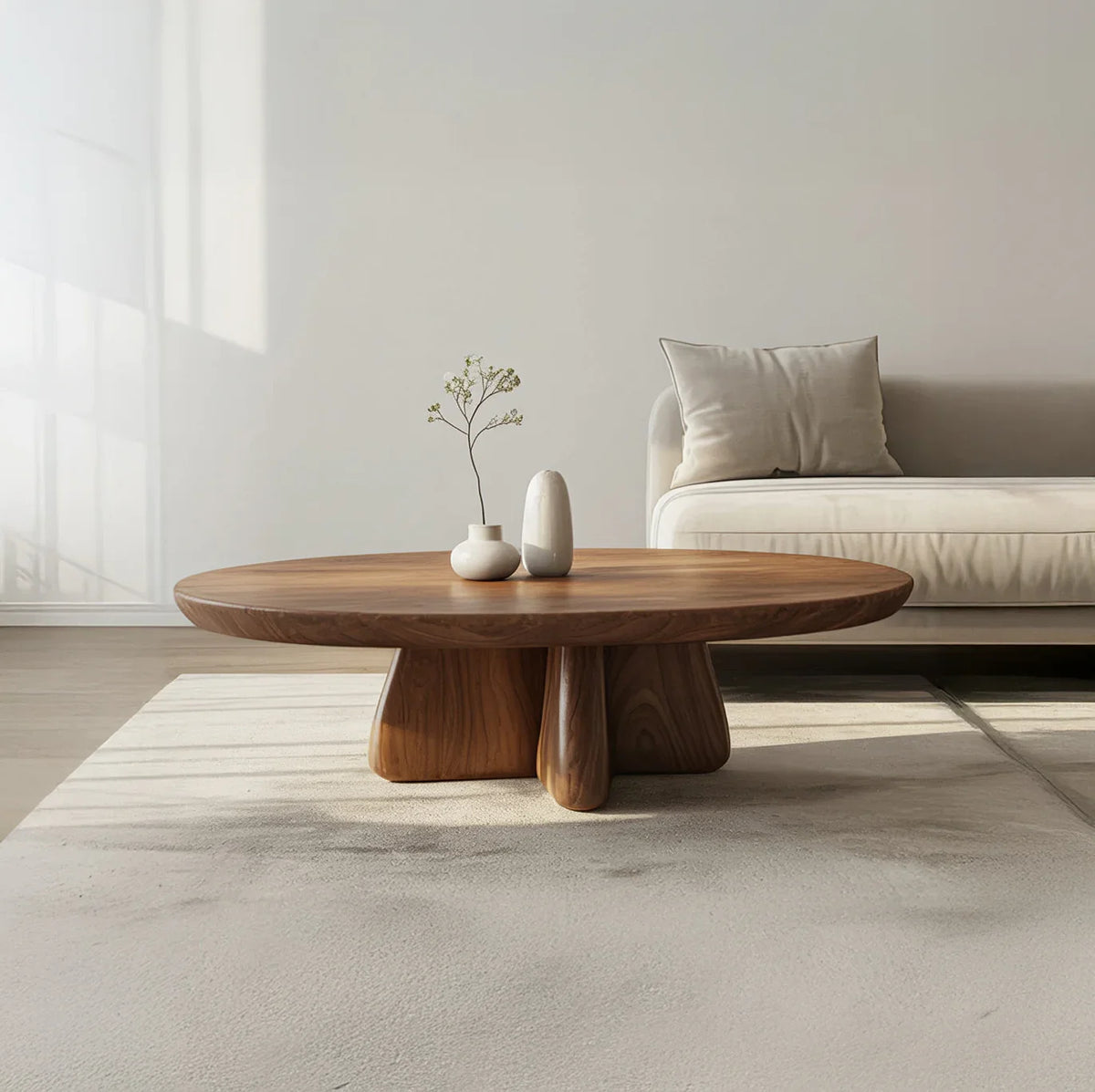 Modern solid wood coffee table with unique rounded base in minimalist living room