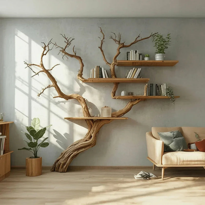 Tree-shaped wooden bookshelf with books and decor in a modern living room