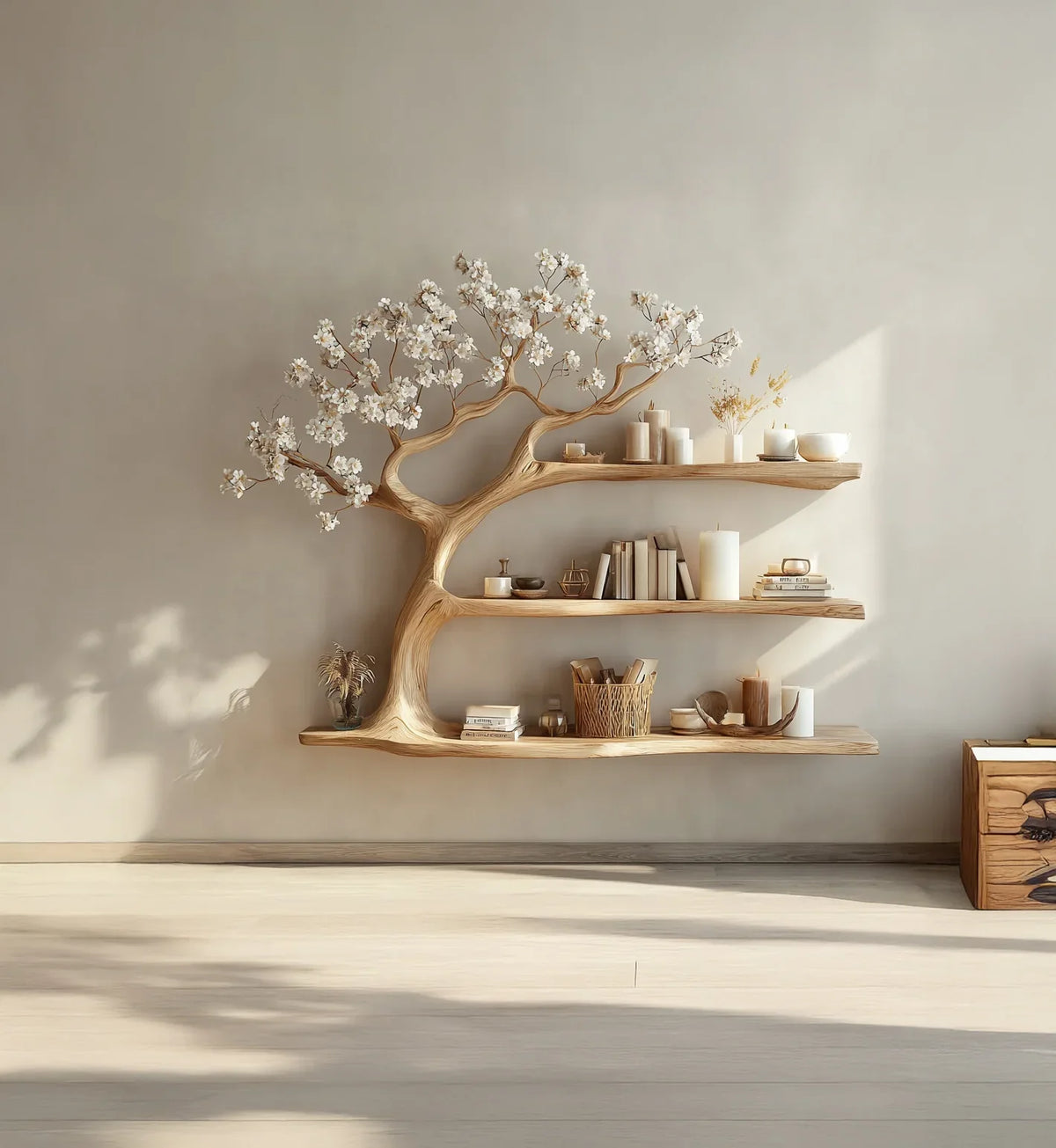 Wooden tree-shaped wall shelves with white blossoms decorated with candles, books, and small vases in minimal room