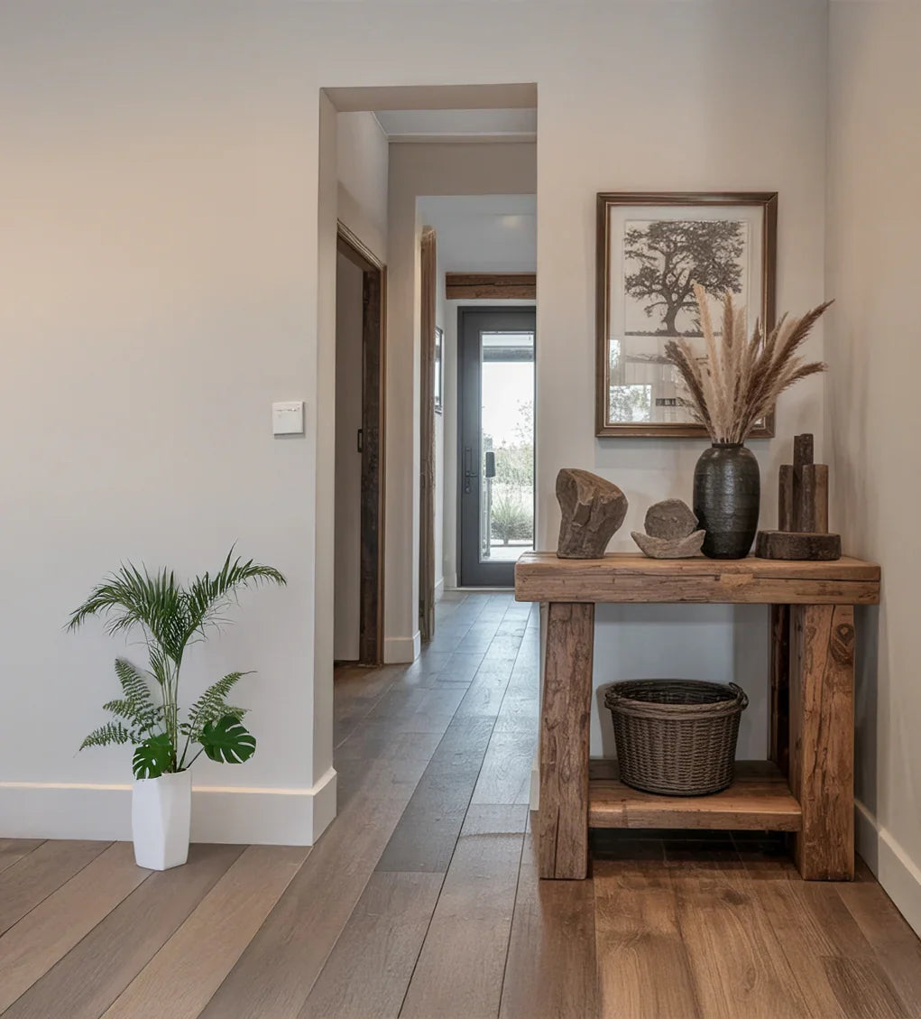Modern hallway with wooden console table, decorative stones, vase with pampas grass, wicker basket and potted plant
