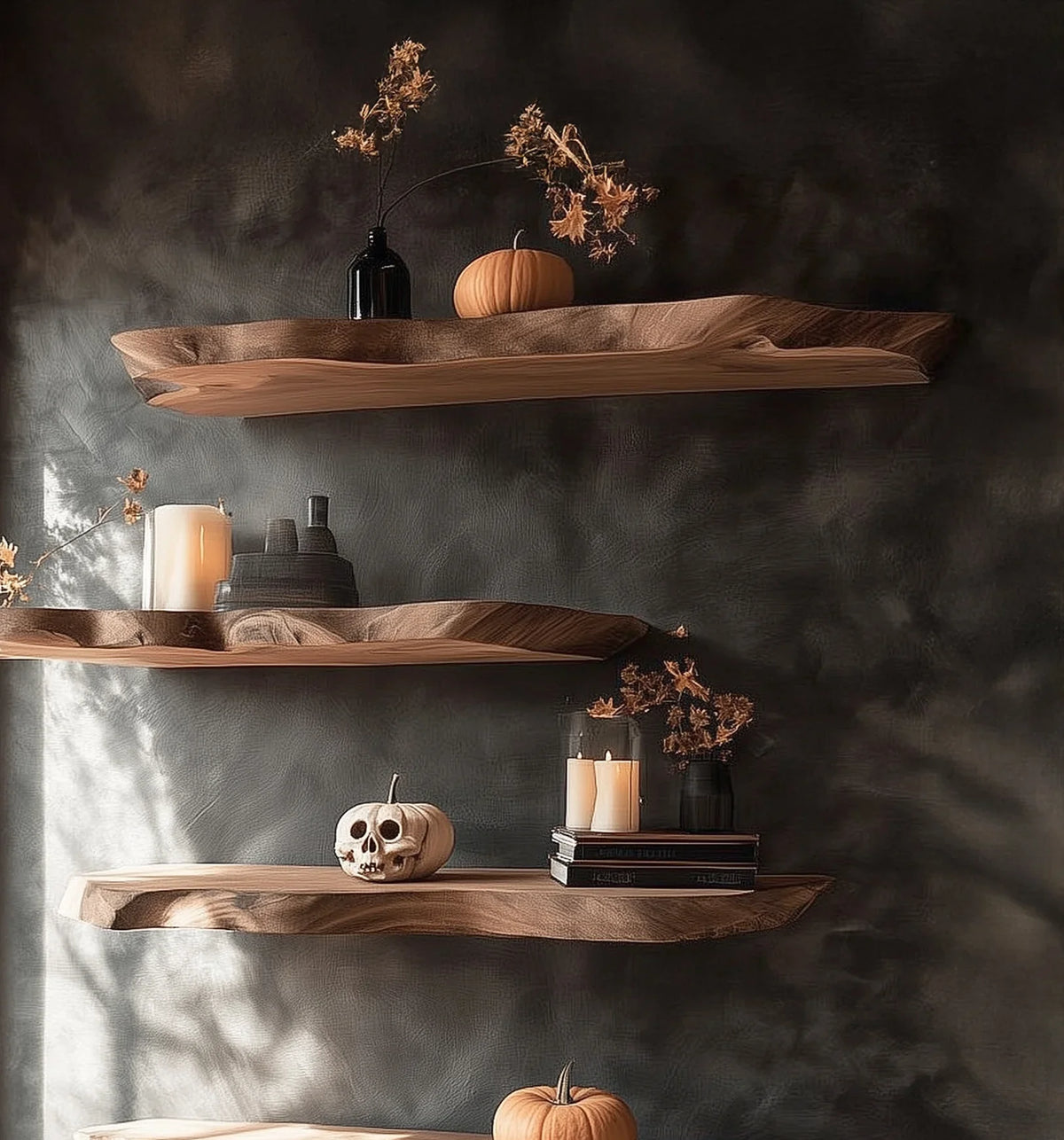 Rustic wood floating shelves with pumpkins, candles, dried flowers, and a skull pumpkin on dark textured wall