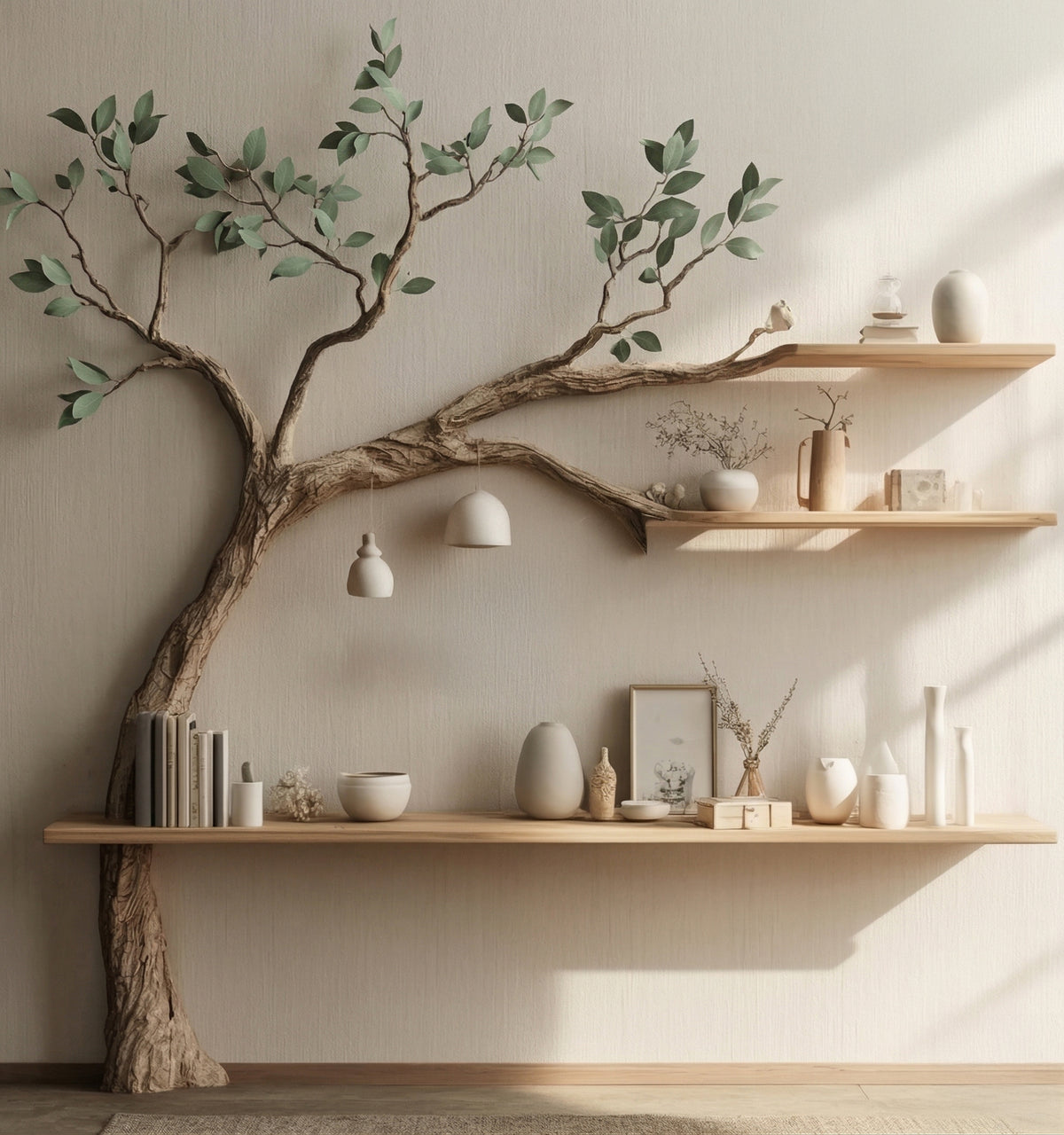 Sculptural Tree Bookshelf for Reading Nook Wall Mounted Solid Wood Display