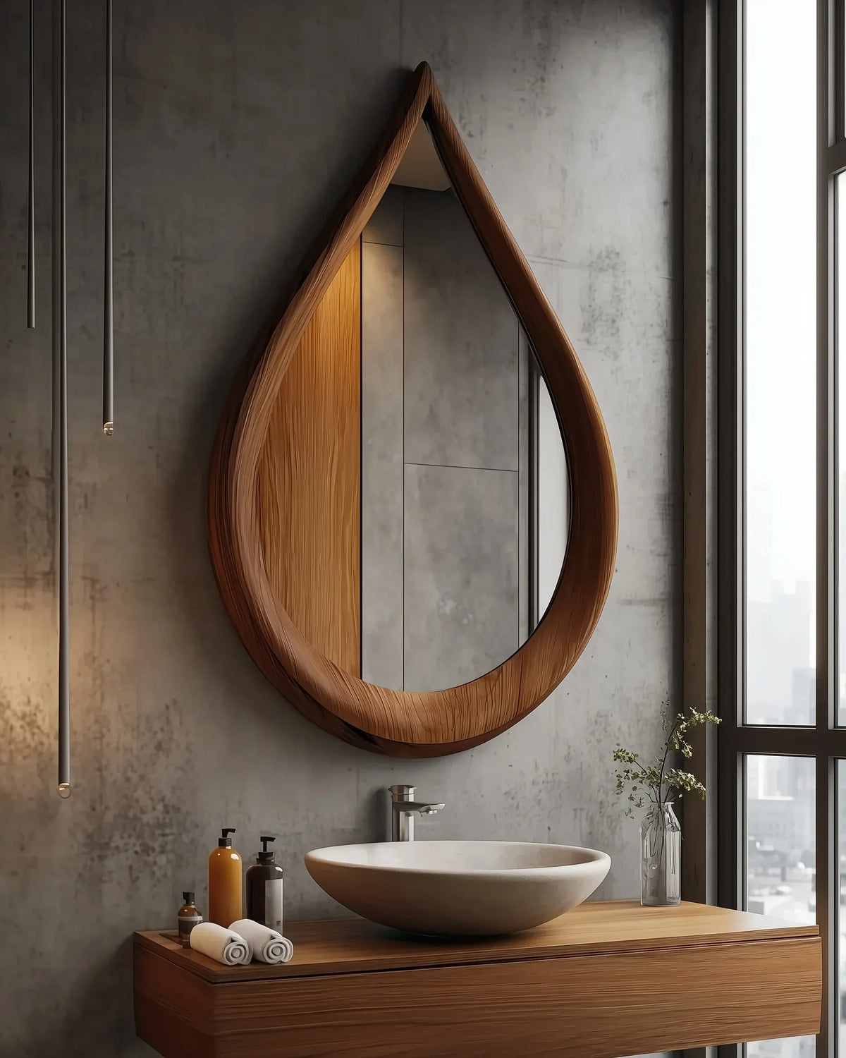 Solid wood teardrop mirror above modern bathroom vanity with vessel sink and decor