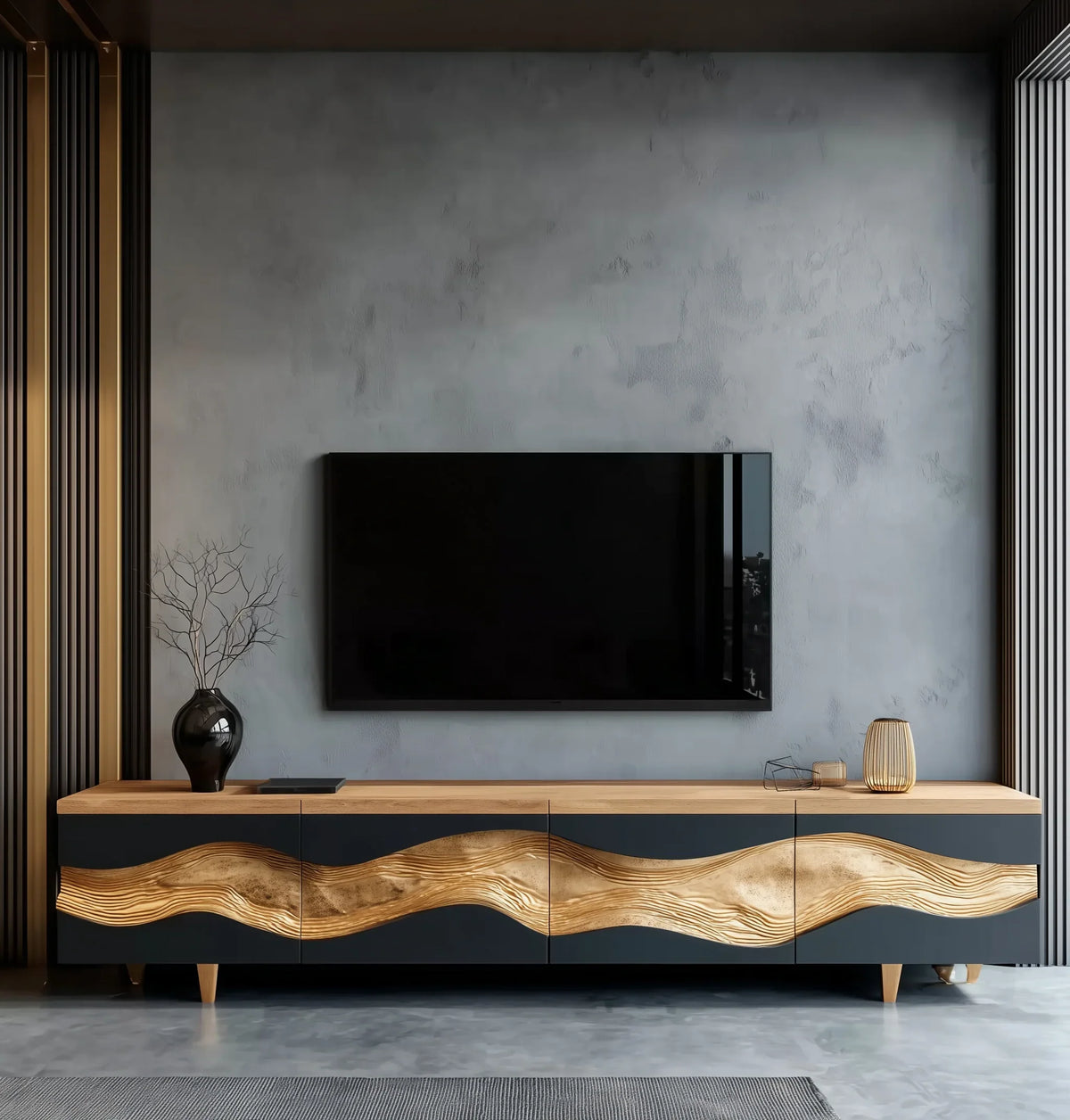 Modern living room with a wall-mounted TV and a black and wood live edge sideboard