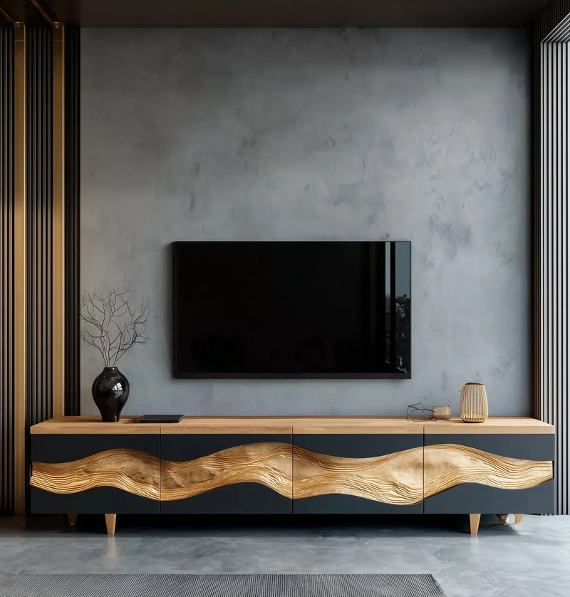 Modern living room with a wall-mounted TV and a black and wood live edge sideboard