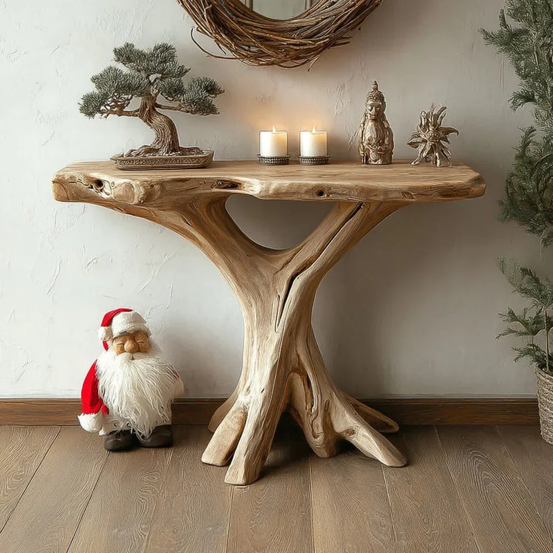 Live edge solid wood console table with bonsai, candles, and holiday decorations