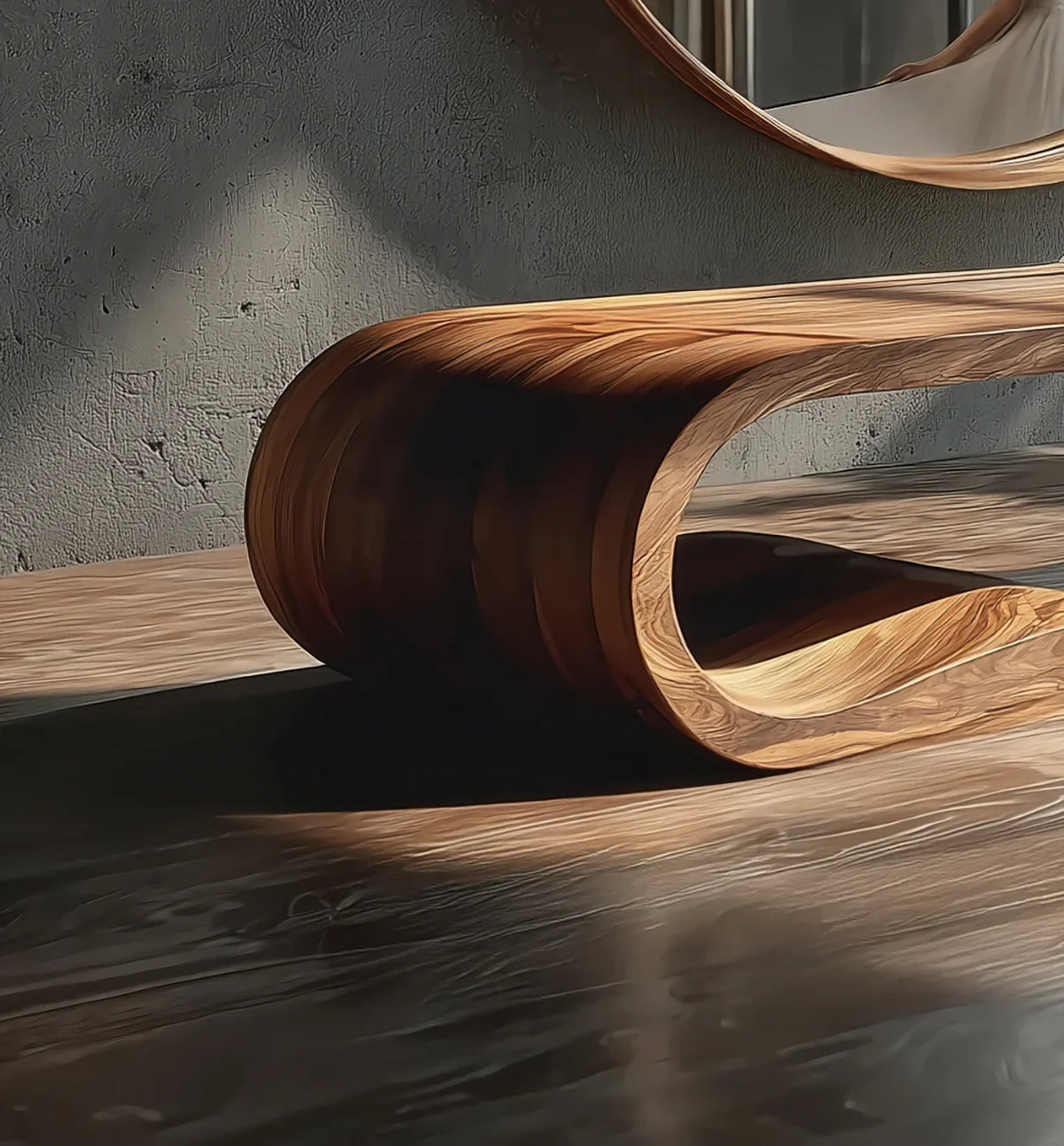 Curved wooden bench with smooth grain texture in natural light against textured gray wall