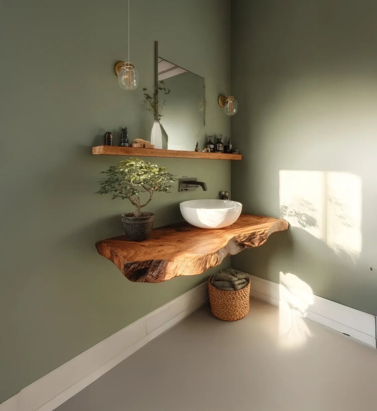 Modern bathroom corner with a natural wood floating sink vanity, round white basin, bonsai plant, and green walls