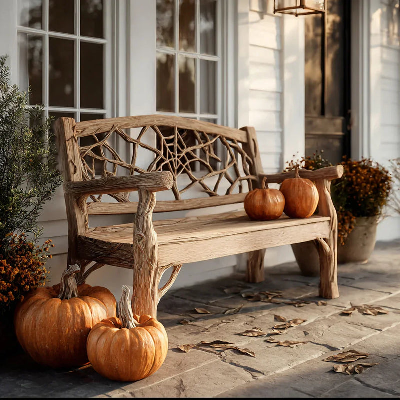 Rustic wooden bench with spiderweb design on porch decorated with pumpkins and autumn leaves