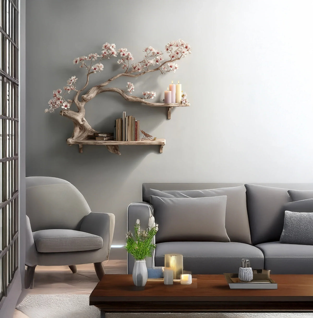 Modern living room with live edge wood tree bookshelf, candles, and minimalist decor