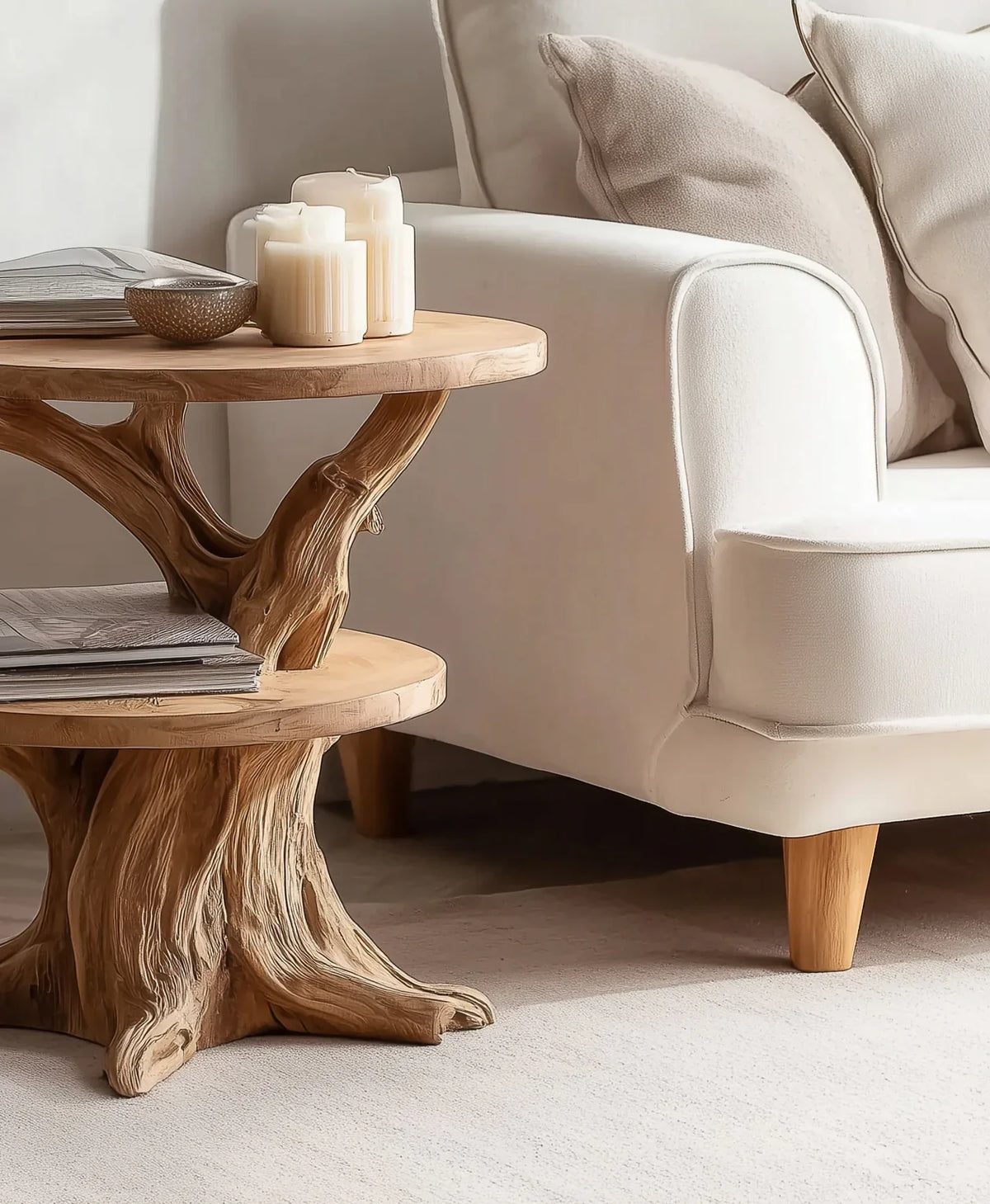 Solid wood tree trunk side table with candles, next to a modern cream sofa