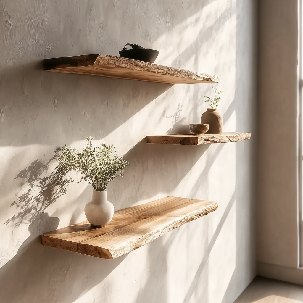 Solid wood live edge floating shelves with minimalist decor on a sunlit wall