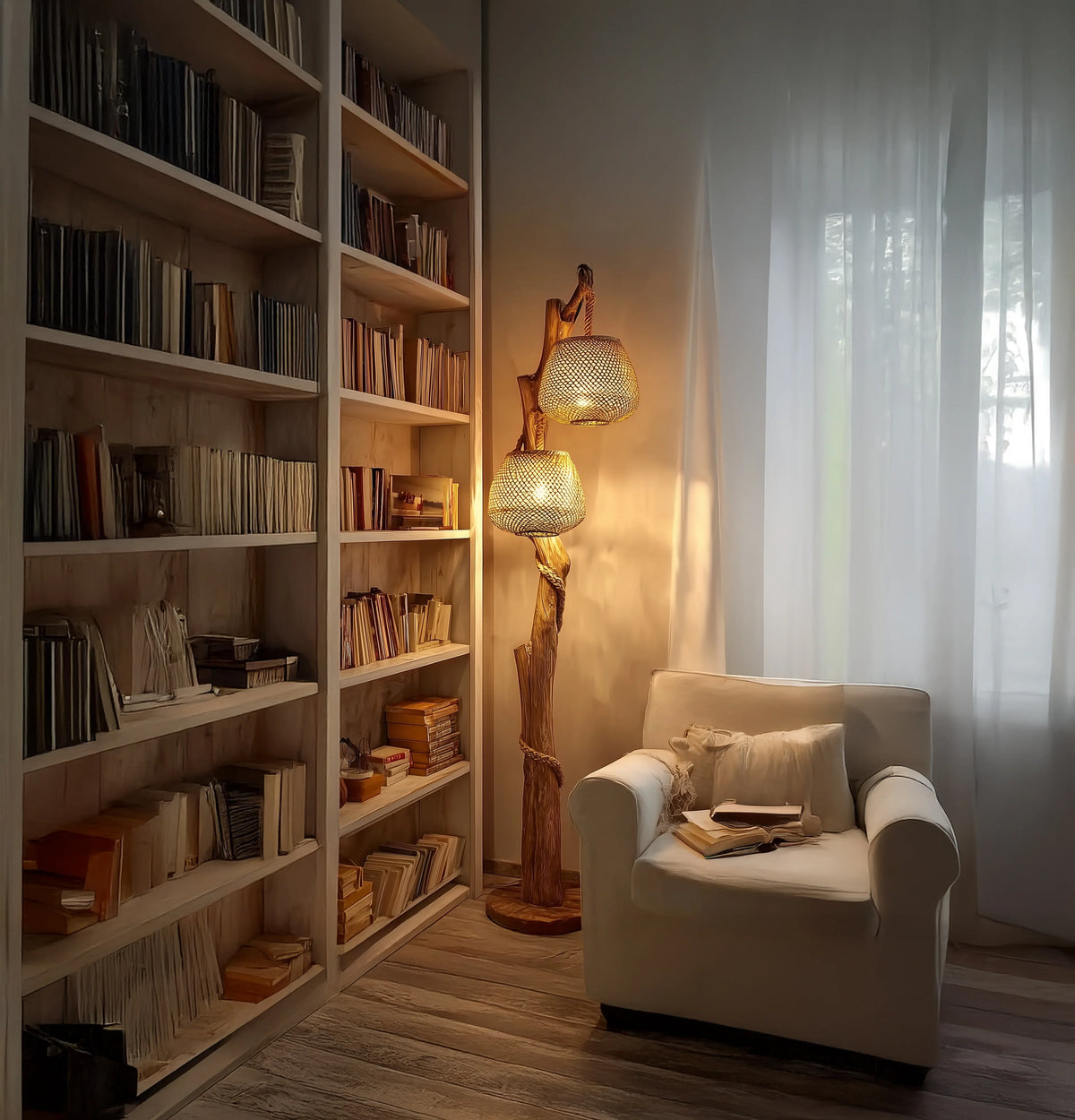 Cozy reading nook with live edge wooden bookshelf, unique tree floor lamp, and armchair