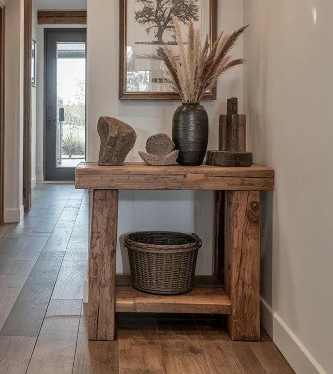 Rustic wooden console table with decorative pottery, dried pampas grass, and wicker basket in modern hallway
