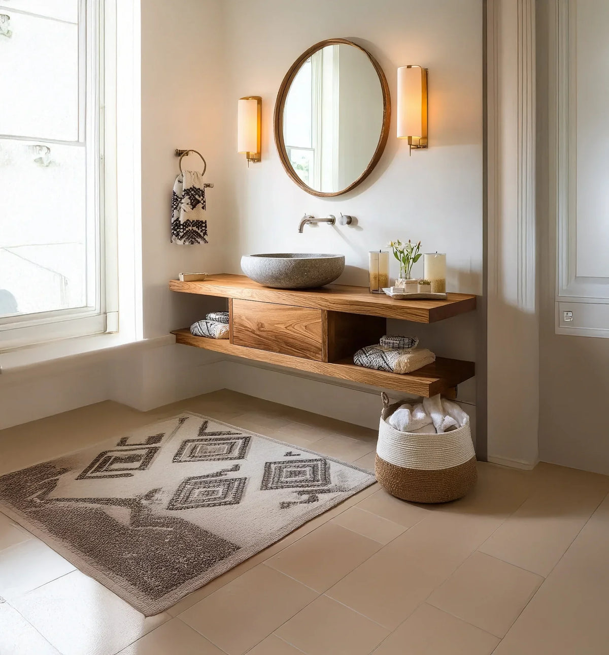 Modern bathroom with a live edge wood floating vanity, stone vessel sink, round mirror, and patterned rug.