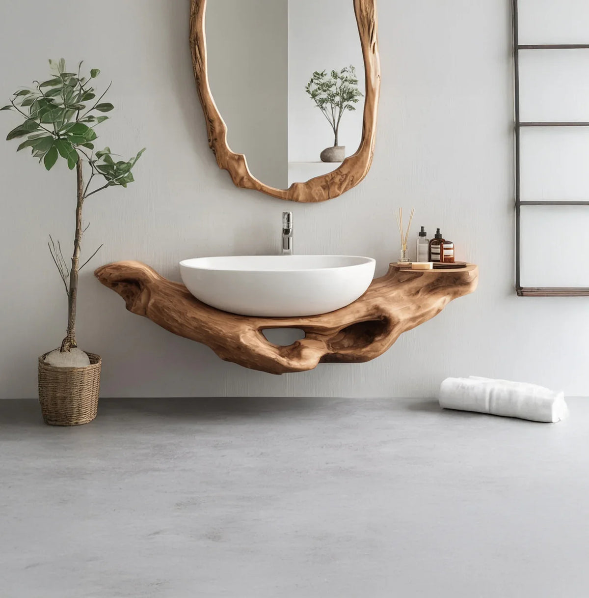 Solid wood live edge floating vanity with vessel sink and matching mirror in a minimalist bathroom