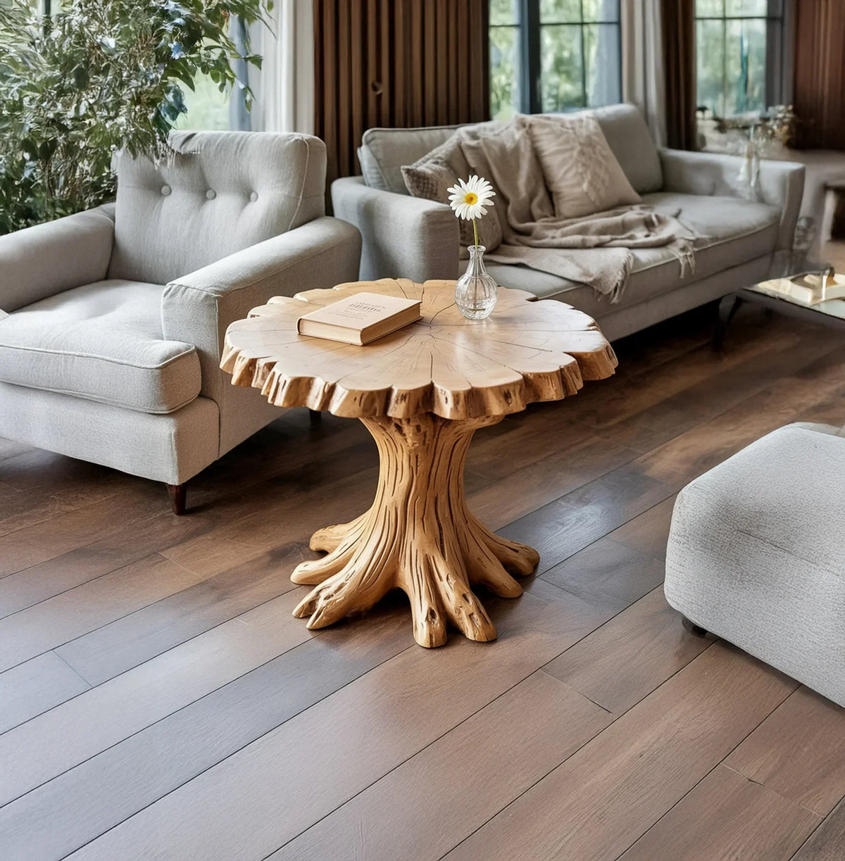 Live edge solid wood side table with tree trunk base in a modern living room