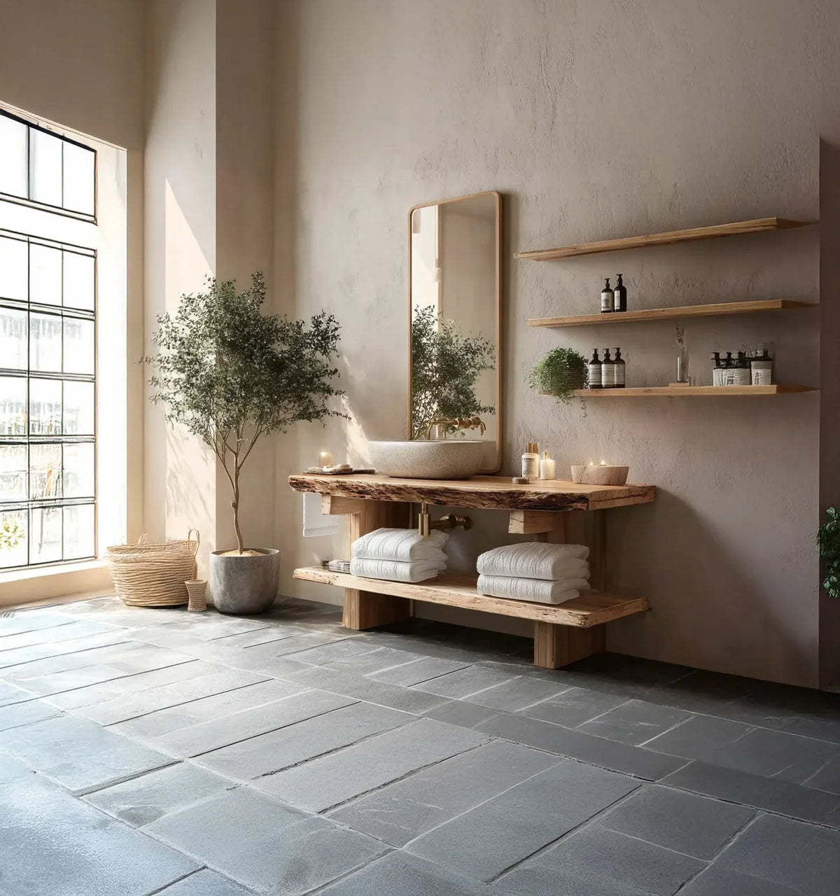 Modern bathroom with wooden vanity, stone sink, wall shelves, large window, and indoor plants