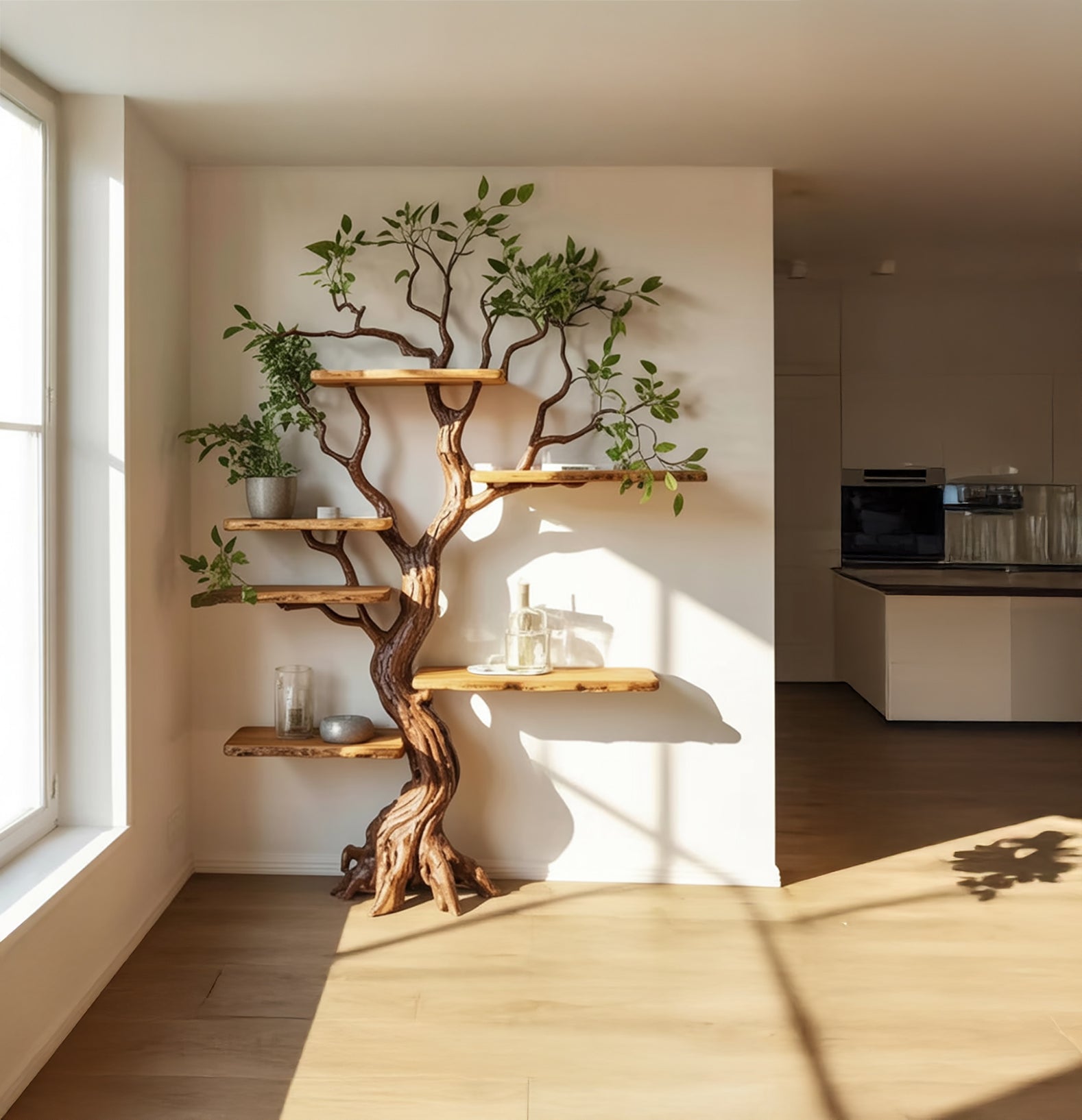 Wooden tree-shaped wall shelf with potted plants and decor in bright modern living room